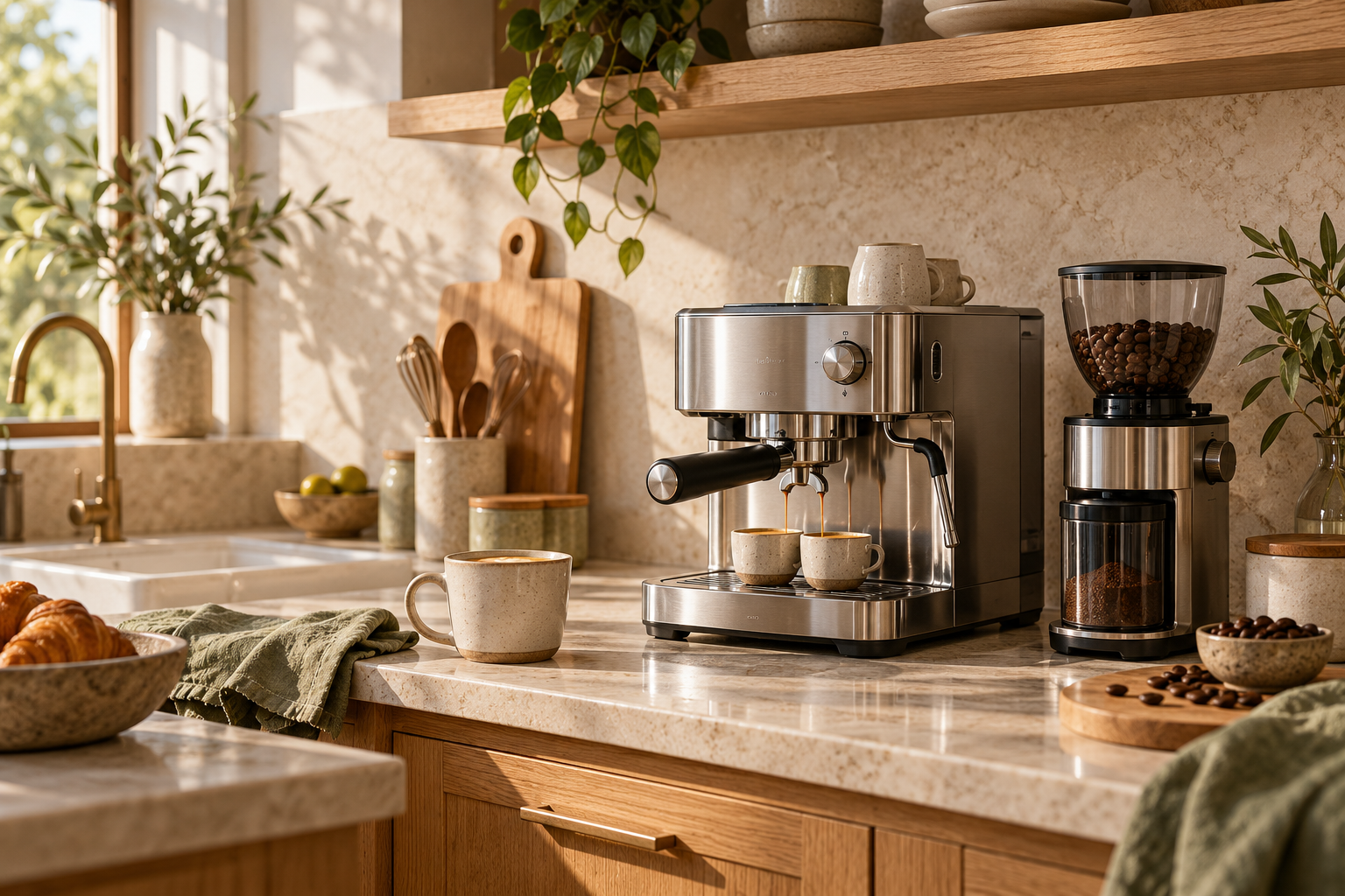 Illustrative home coffee corner with an espresso machine and separate grinder