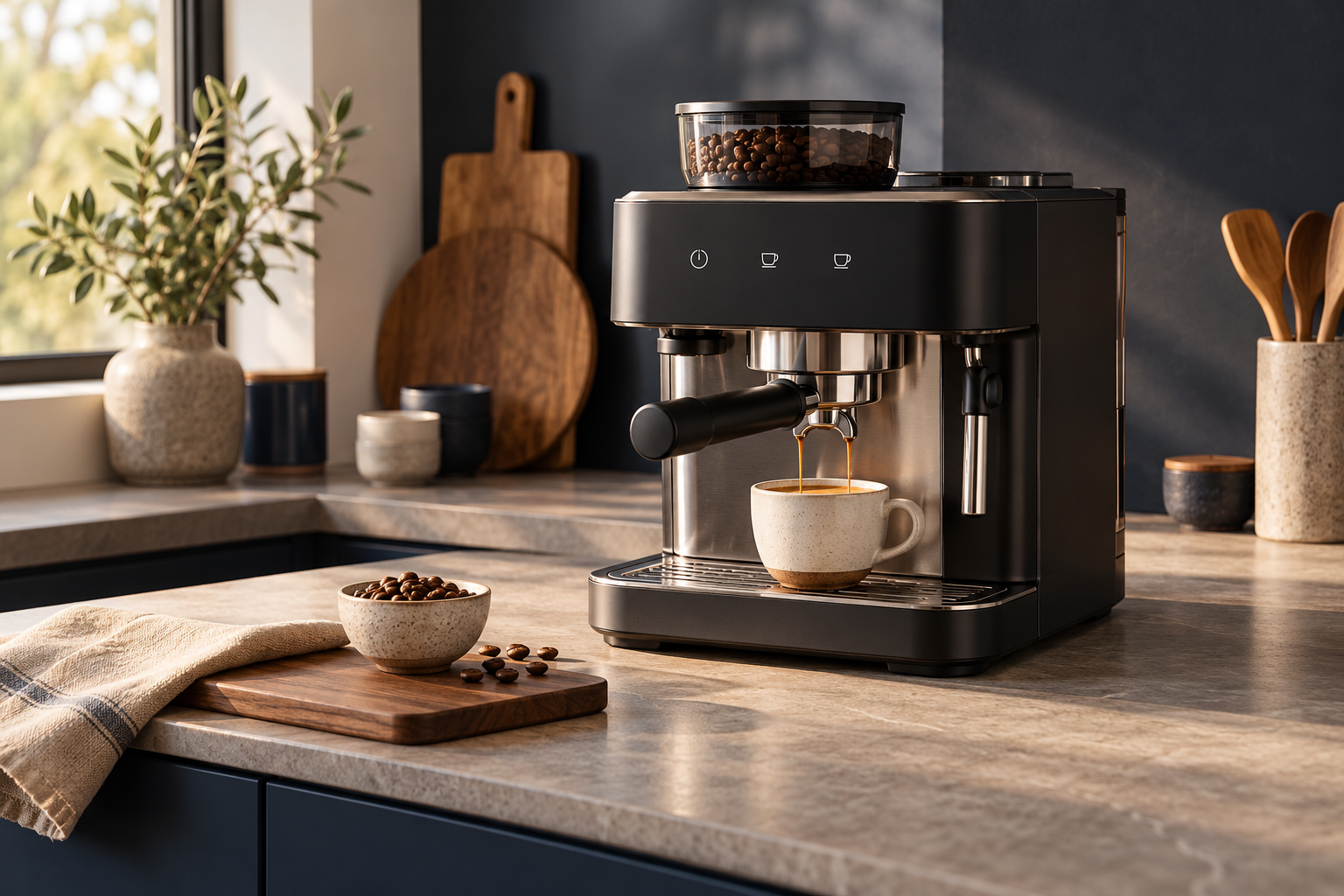 Illustrative semi-automatic · separate grinder espresso setup, not the De’Longhi Stilosa product